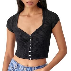 Reformation Caterina Open Knit Cropped Sweater Black XS